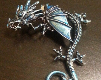 Metallic blue Hand painted sleepy dragon ear cuff for women teenagers girls boys left ear gift for best friend
