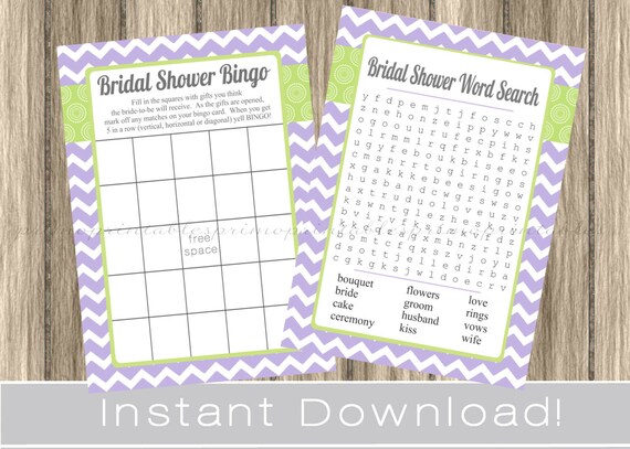 BRIDAL Shower Games Set / Bingo and Word Search Cards / lavender and green / INSTANT DOWNLOAD / digital printable files / wedding shower Il_570xn