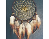 Brown faux suede trim dream catcher, gold yellow web, rooster feathers finish 15cm diameter dreamcatcher hand made