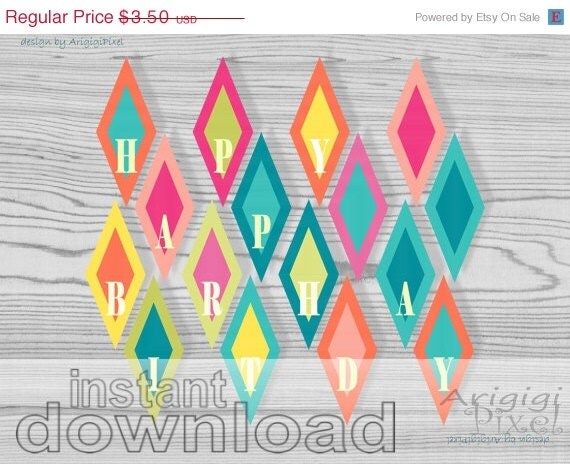 WEEKEND SALE 50% OFF printable mini Happy Birthday banner, birthday cake bunting, summer colors, Diy party decor, instant download Il_570xn