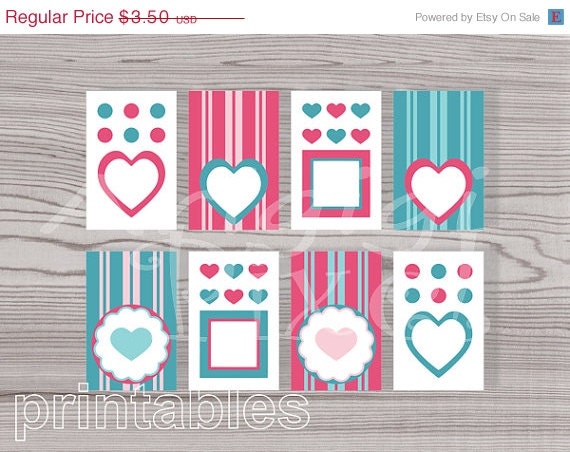 ON SALE 50 % OFF 8 gift tags, hearts, dots, stripes, pink and turquoise, valentine, holiday, instant download Png Pdf file Il_570xn