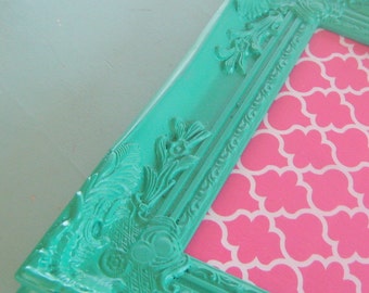 Pink and Turquoise Cork Board Ornate Vintage Inspired FRamed Bulletin Board Quatrefoil Many Sizes Magnetic Board