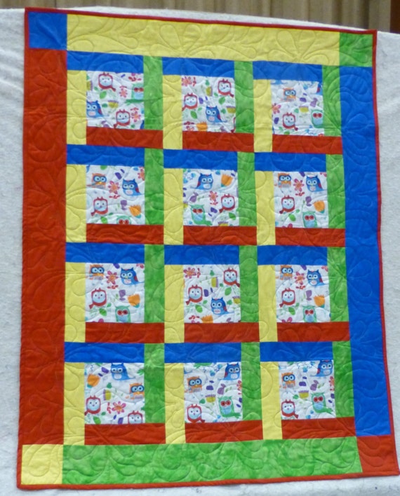 Download Items similar to Quilt for Baby or Child, Primary Colors, Cute Owls, 37" x 48", Boy or Girl ...