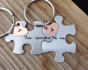 Long distance relationship gift custom puzzle piece key chains his and hers you complete me gift for him gift for her jewelry zipper charm