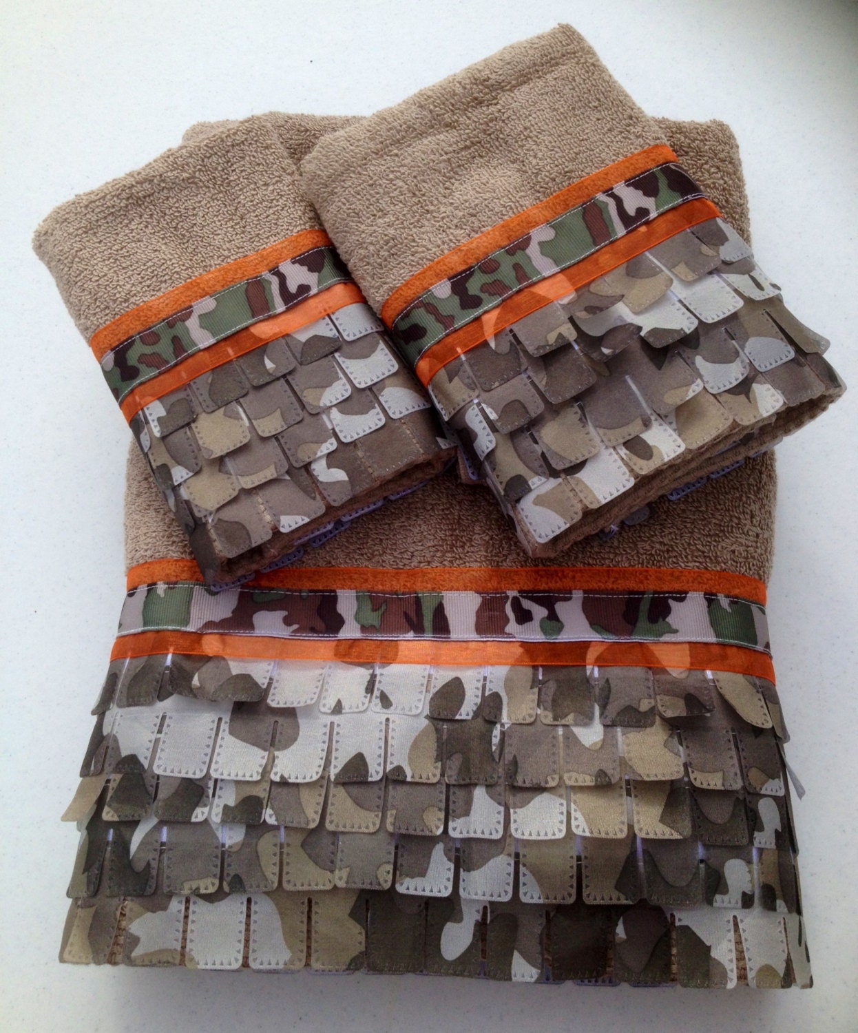 Camo and Neon Orange Bath Towel Set by LadyDiBlankets on Etsy