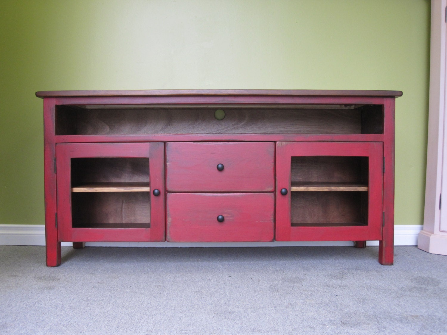 Red TV Stand / Wooden 60 Long TV Console / Cottage