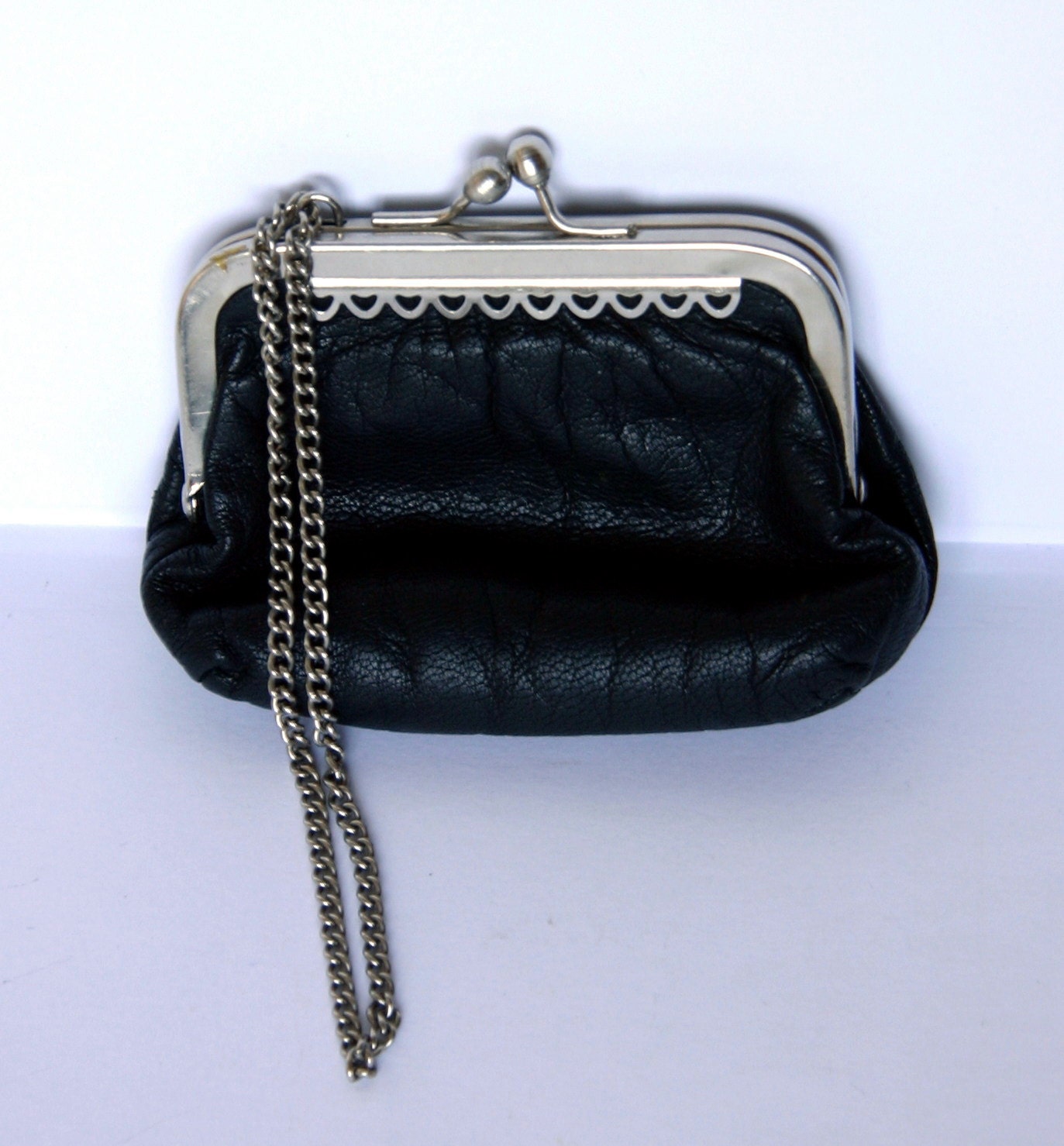 60s Small Boho Black Leather Coin Purse Wallet by MiseleLeather