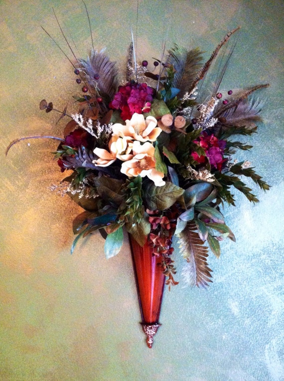 Wall Sconce Burgandy and Cream Silk Flowers Floral Arrangement
