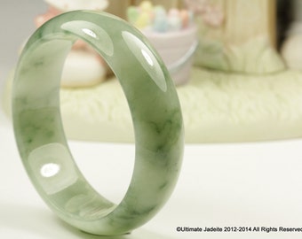 Jadeite Jade Bangle Bracelet - Translucent BiColor Flower Pattern -- 58.8mm (Grade-A Jade)