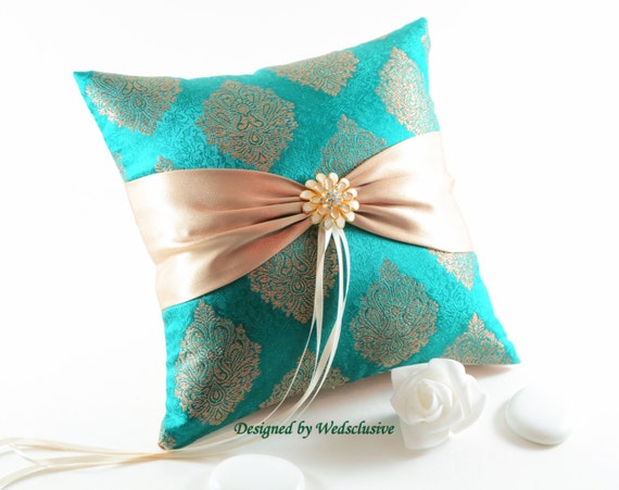 Golden Peacock- Teal and gold silk ring pillow