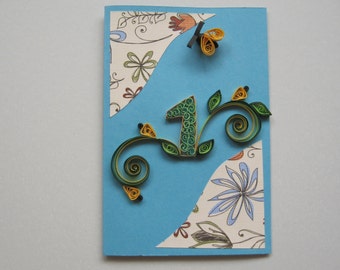 Boy's 1st Birthday Card - Paper Handmade Greeting Card -Quilling Number, Bee, Flowers - Blue, Yellow, Green