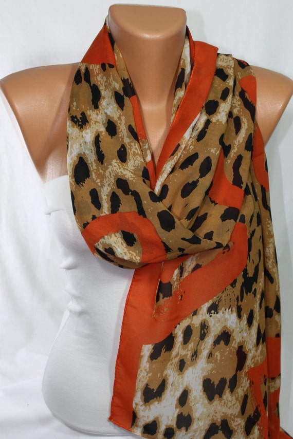 Silky Chiffon Scarf Orange Scarf Leopard Scarf Lightweight Scarf Wrap ...