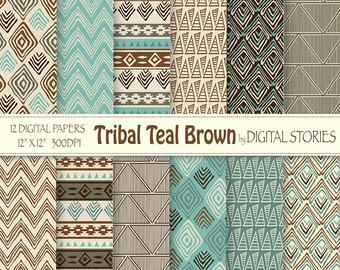Tribal Digital Paper: "TRIBAL TEAL BROWN" with tribal patterns, in brown, beige, teal, for scrapbooking, invites, cards