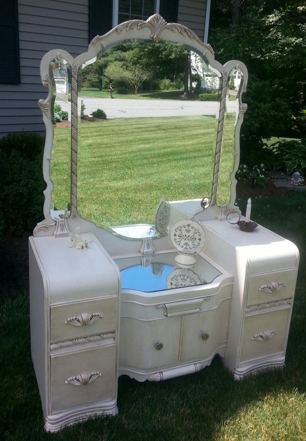 Beautiful Waterfall Style Vintage Vanity Redone in Antique