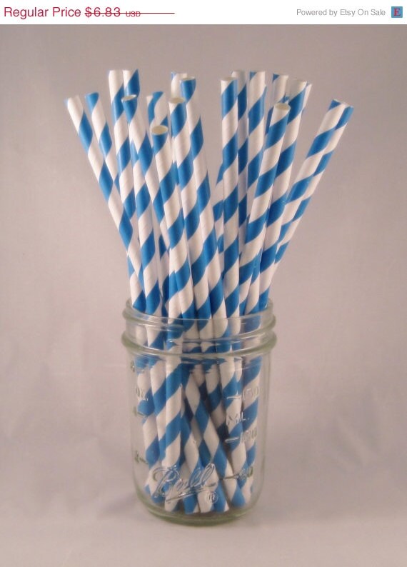 ON SALE - 50 Bright Blue Stripe Straws - ships less than 24 hours Il_570xn