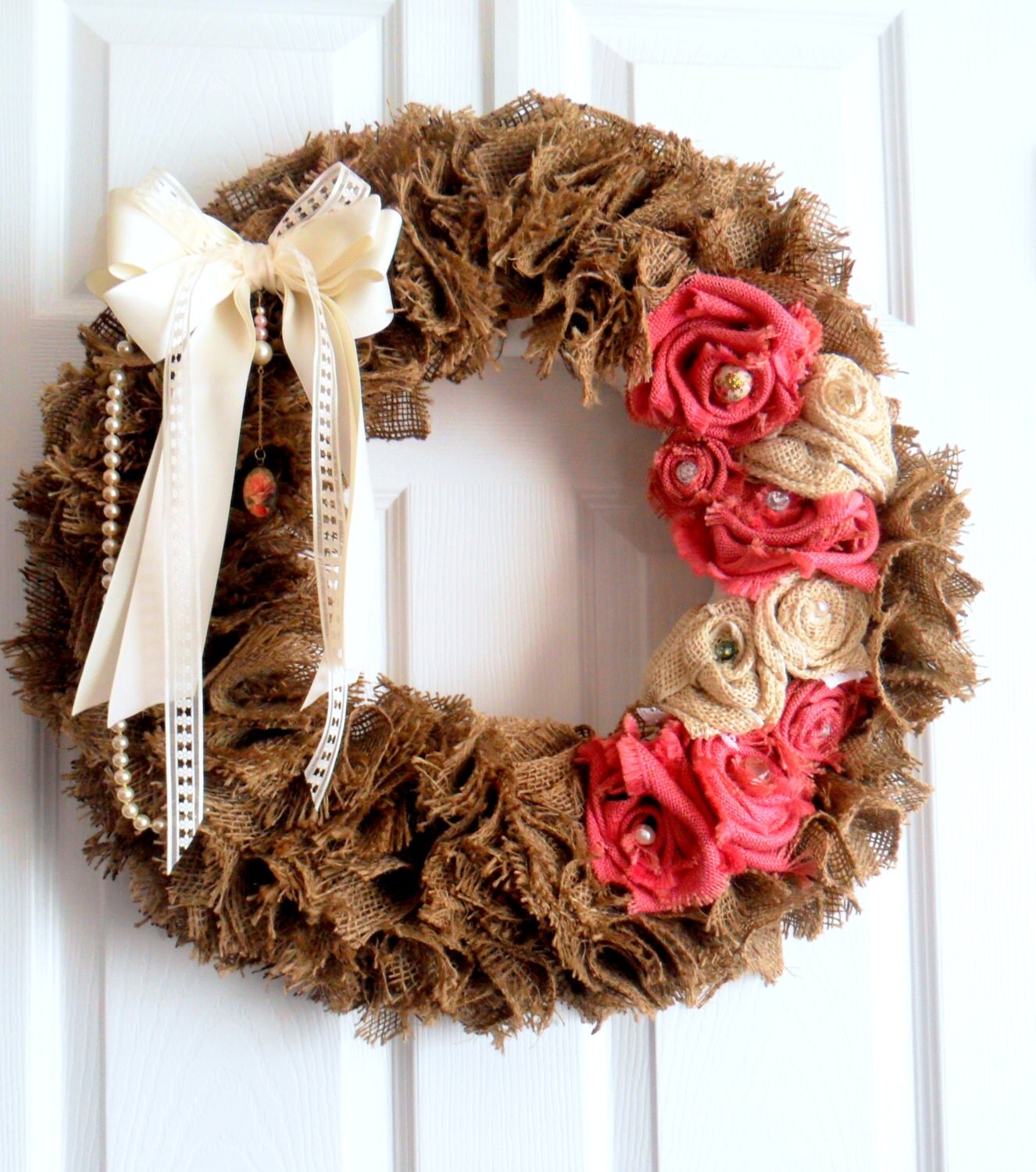 Burlap wreath burlap flowers pink wreath by DownSouthChicDecor