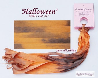 Hand dyed 4 mm wide pure silk ribbon, soie de ruban - 'Halloween'