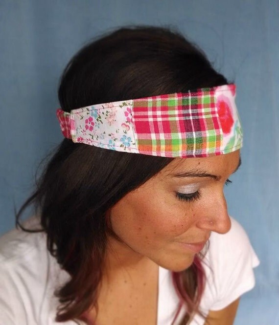 Items similar to Headband patchwork pink floral double sided quilted on
