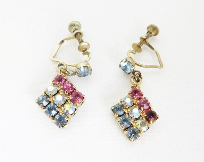 Rhinestone Dangle Earrings, Vintage Red White Blue Screwback Earrings, Diamond Dangles