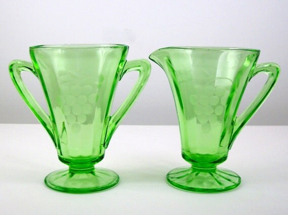 Vintage Green Depression Glass Cream Pitcher by PiecesFromThePast2