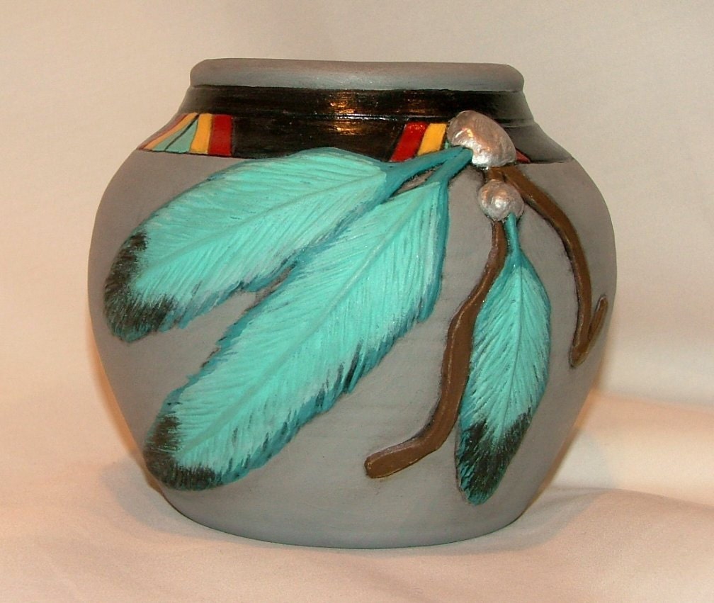 Ceramic Vase Native American Turquoise Feather Glazed Inside