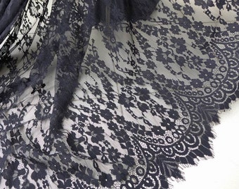 Black Chantilly Lace Fabric, Romantic Floral Scalloped Fabric, Elegant Wedding Gown Lace Fabric, Black Lace Dress Fabric by the yard