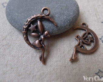 20 pcs Antique Copper Fairy Angel On Crescent Moon Charms Pendants 13x24mm A7216