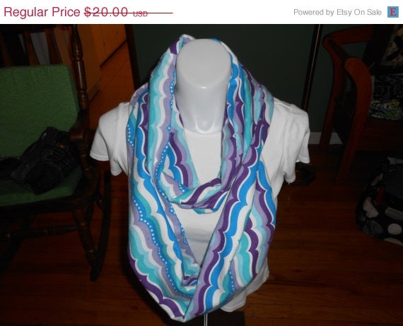 ON SALE Infinity Scarf, Handmade Turtle Wave Flannel Scarf, blue purple, turquoise, aqua, white 8.5 in X 86 inches around.