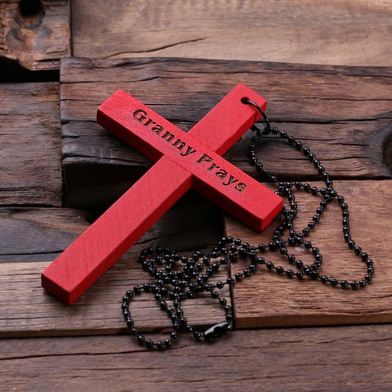 Red Personalized Engraved Wooden Religious Cross Necklace