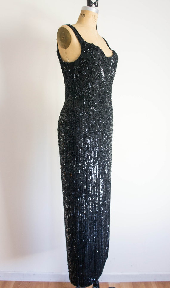 1980s Art Deco Inspired Beaded Black Dress / Vintage / Size