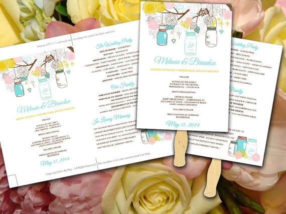 Diy Wedding Fan Program Template Mason Jar Spring Turquoise Blue Yellow Pink Rustic Ceremony Jar Wedding Program Templates