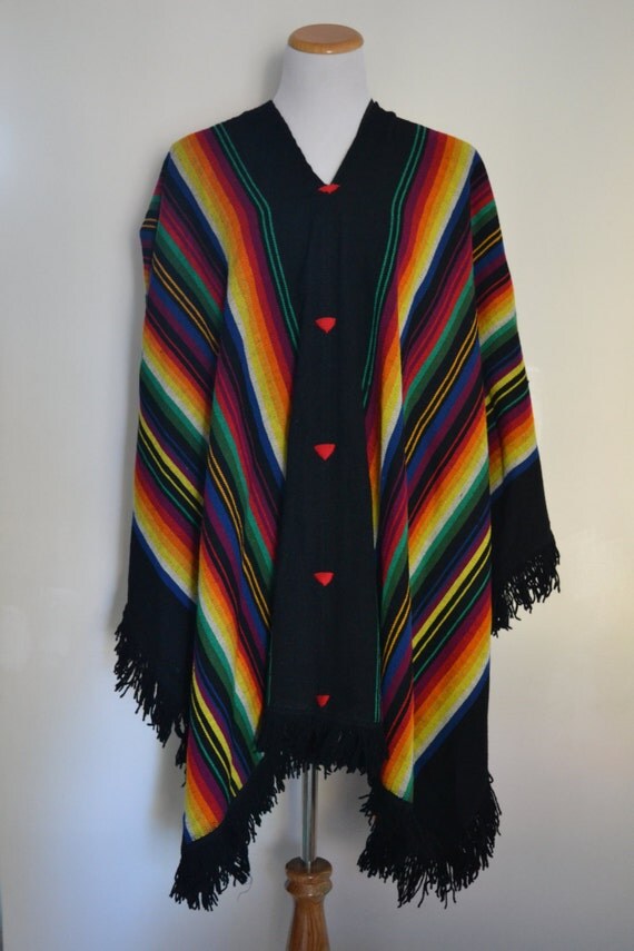 Beautiful Vintage South American Poncho Blanket Long Rainbow