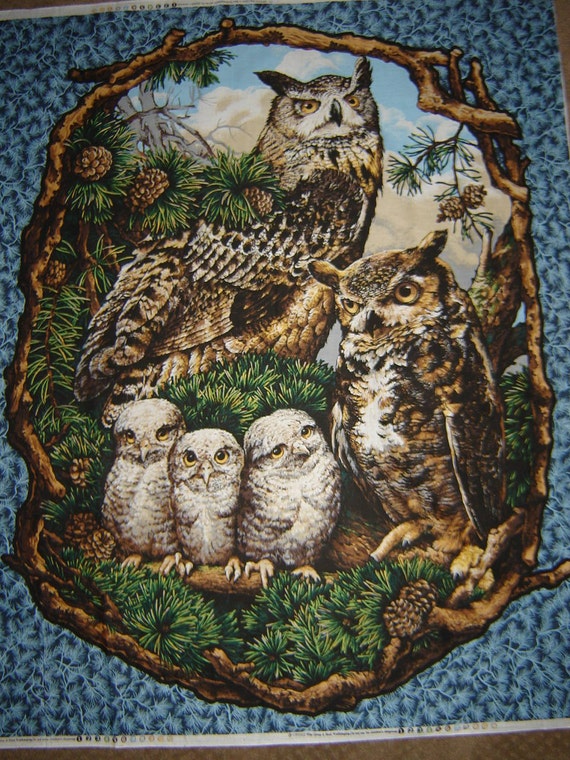 Per panel owl family fabric panel by CuttingEdgeFabrics on Etsy