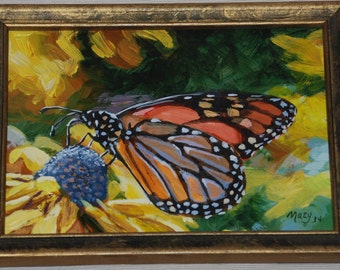 Muzy, Monarch on a Yellow Blossom, acrylic by Muzy.