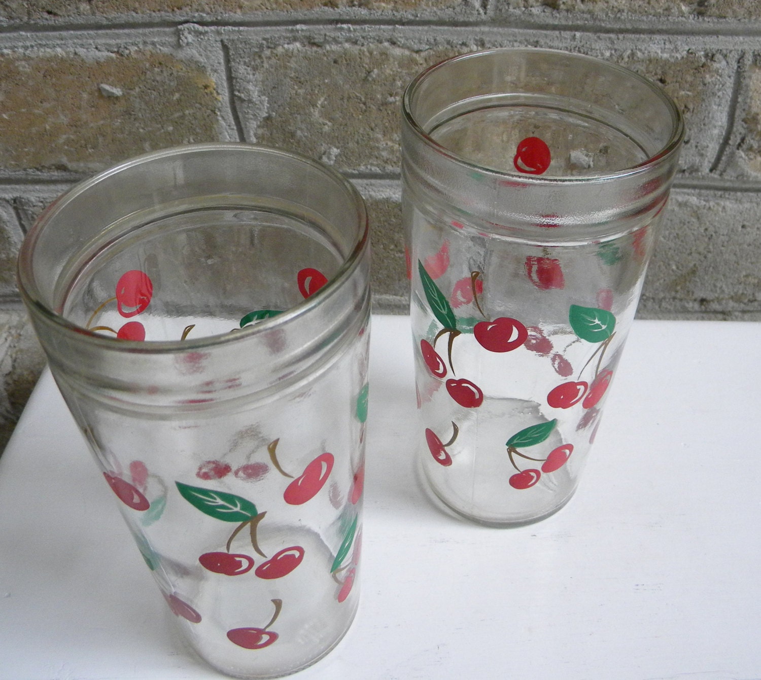 Vintage Cherry Drinking Glasses Jam Jelly Jar Set Of Two