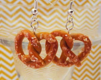 Salted Pretzel Earrings Polymer Clay, Miniature Clay Dessert Food Jewelry, Hook Earrings