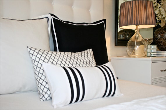 trim pillow add how pom pom to to a Pillows~Black Euro Border and Pom Pom White Black Pillow~ Pillows,