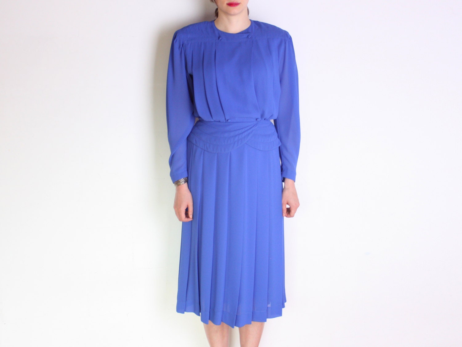 80's cobalt blue basque bodice dress pleated midi dress