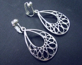 Clip Earrings, Dangle Earrings, Silver Filigree Drop Earrings, Clip On Earrings