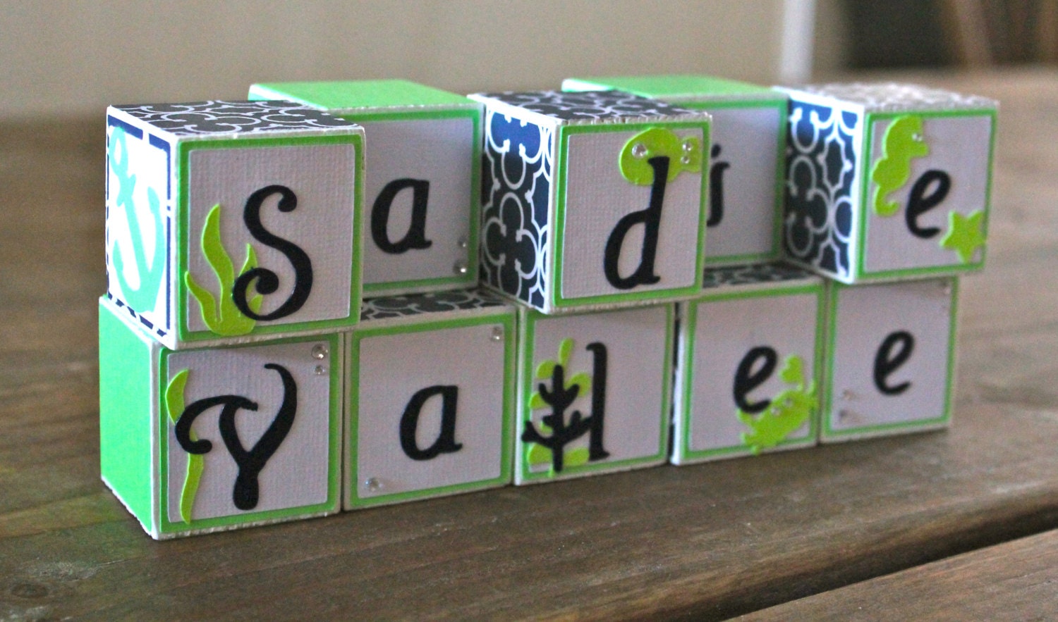Green and Blue Nautical Wooden Baby/Name Blocks