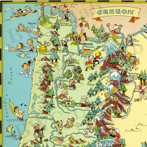 Pictorial Map of Oregon colorful fun illustration of by FunMaps