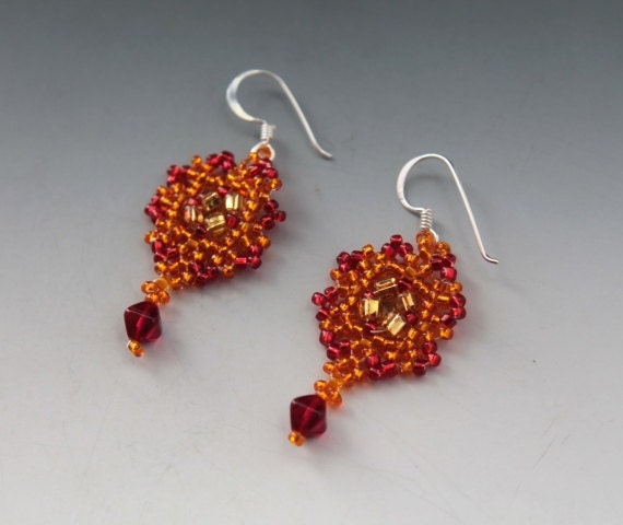 Fire- Small Red Phoenix Firebird Seed Bead Earrings - Handmade Beadwork Beaded Drop Jewelry Sterling Silver - Red Gold Orange