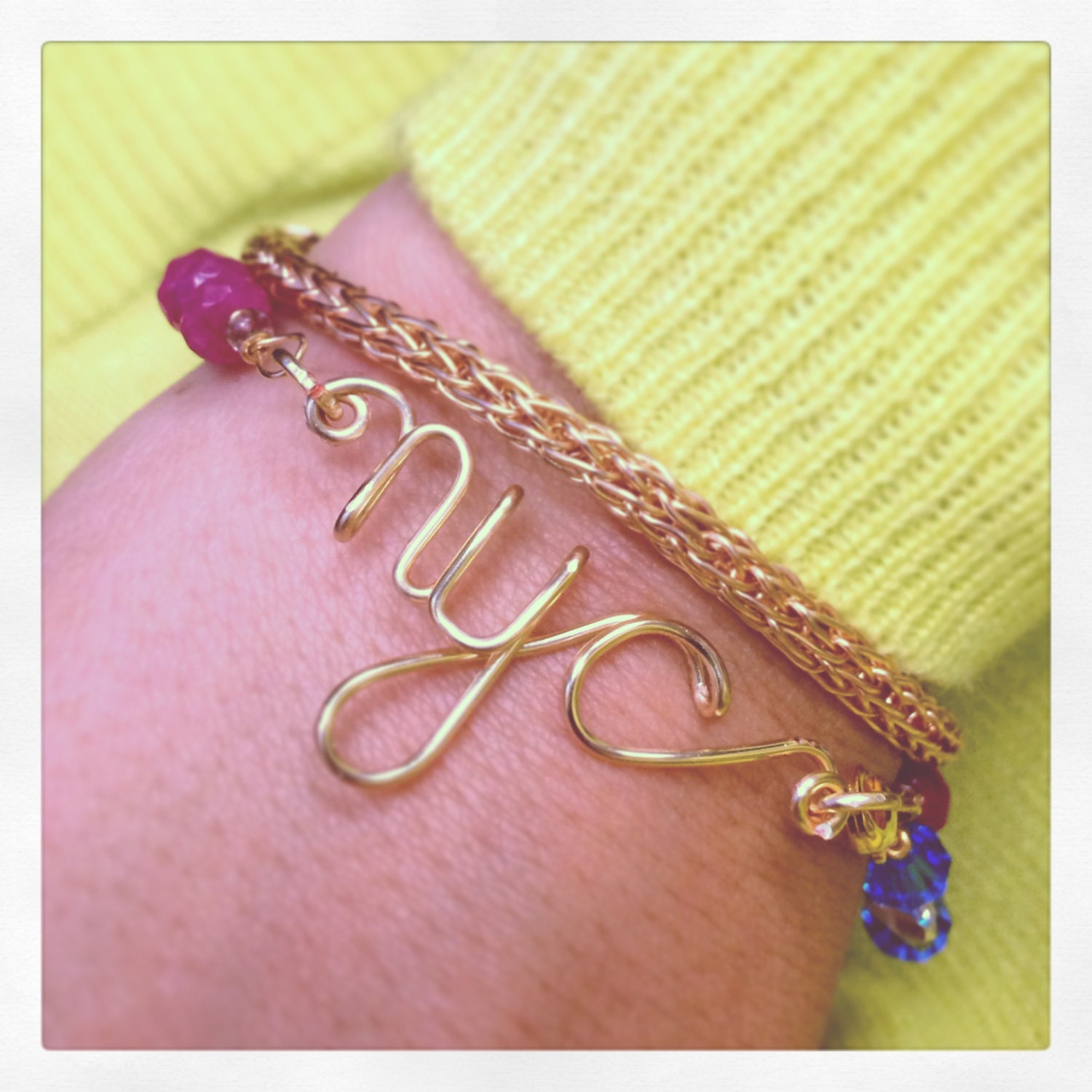 NYC Wire Gold Bracelet with Jade and Crystals by ForAlwaysJewelry