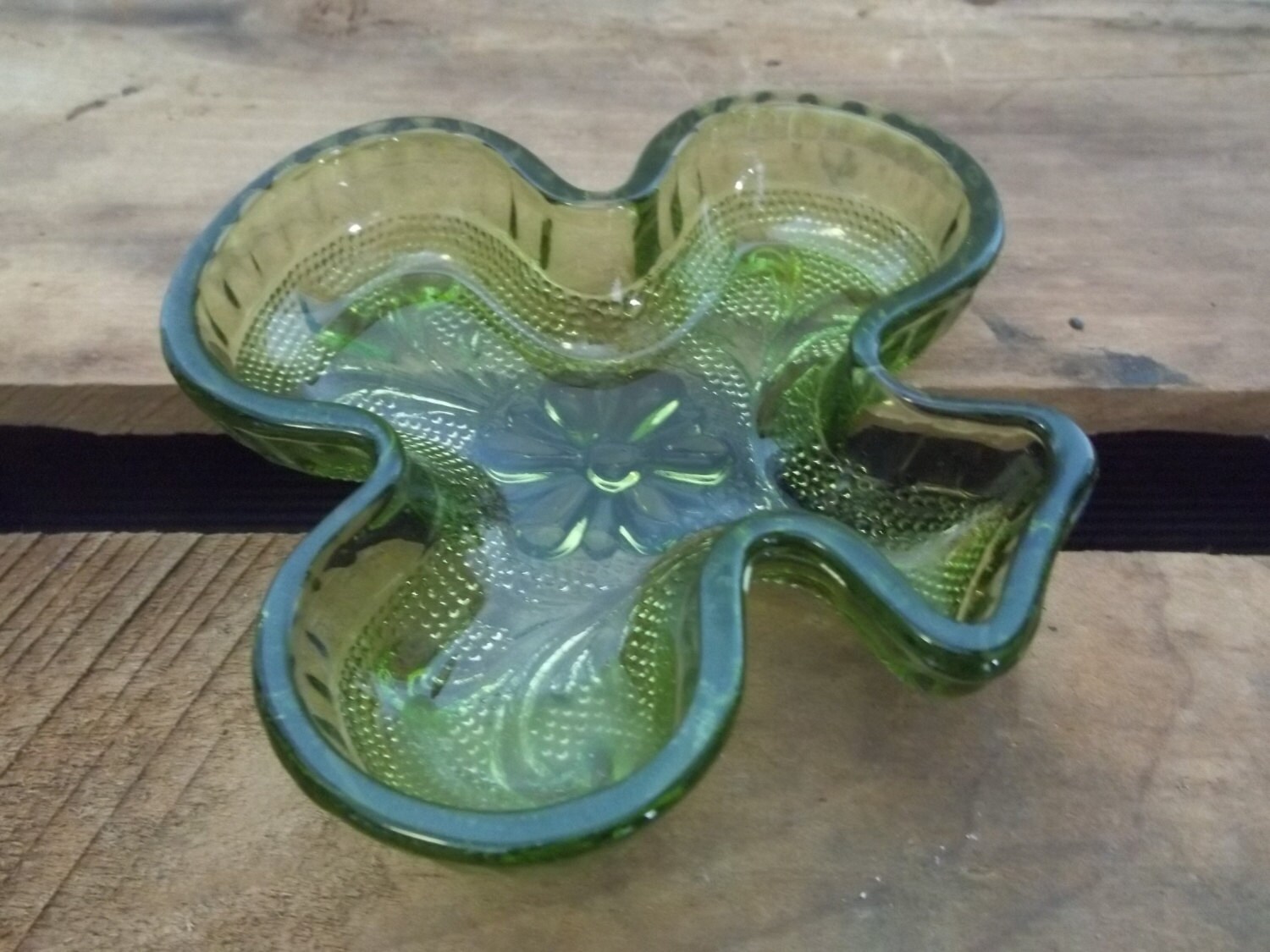 Vintage Green Glass Shamrock Candy Dish Trinket by JunkyardElves