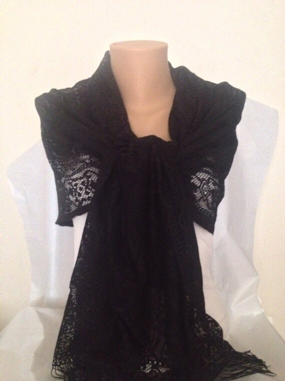 Black Shawl Fringe Black Shawl Wrap Gothic Lace by MaxiJoy