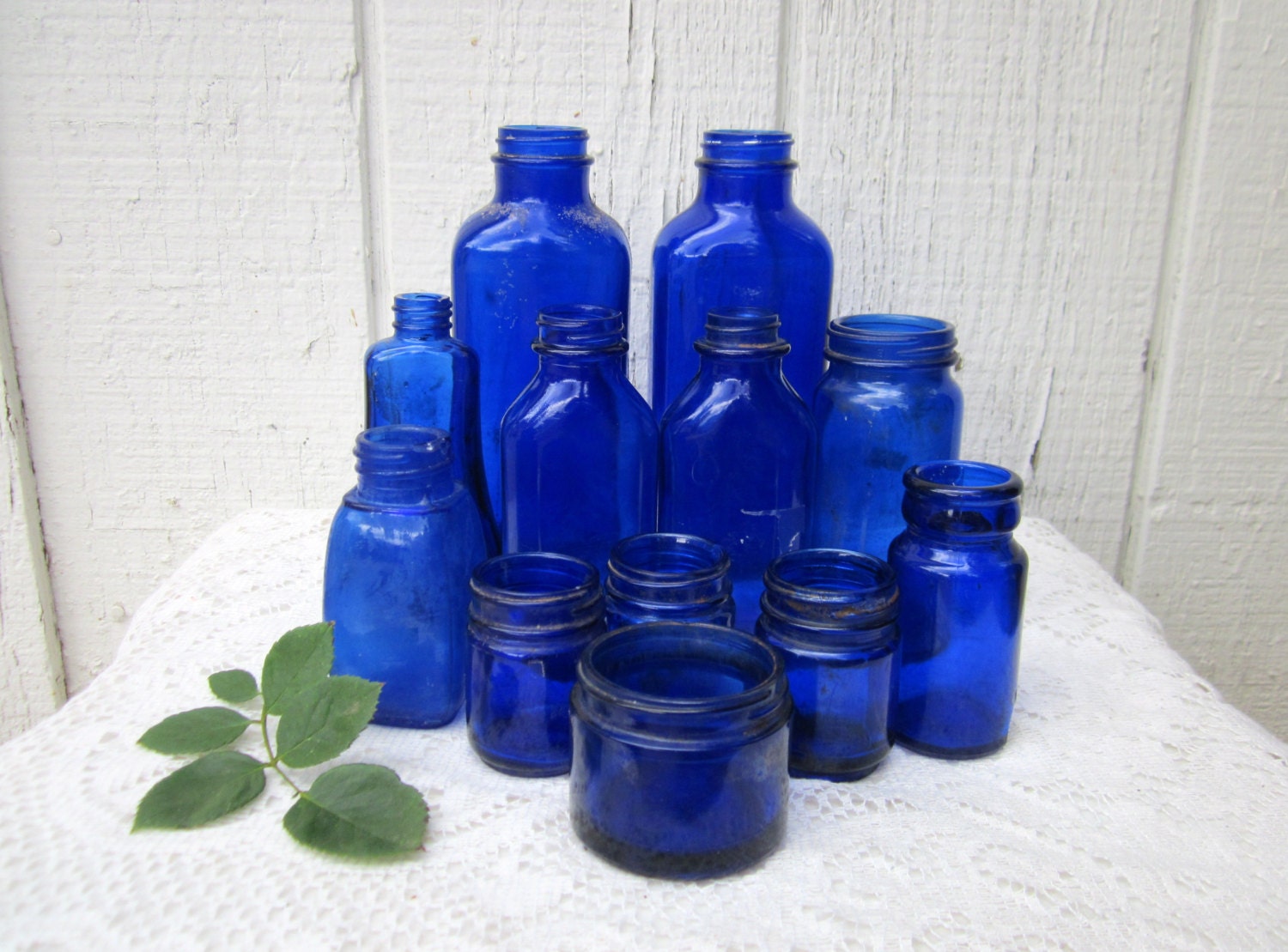 Antique Glass Bottles Vintage Cobalt Blue Jars Rustic Home 0126