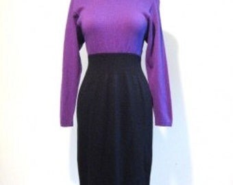 Vintage St JOHN by Marie Gray Stretchy Sweater PuRpLe bLaCk knit Dress mock neck two tone Sz 4