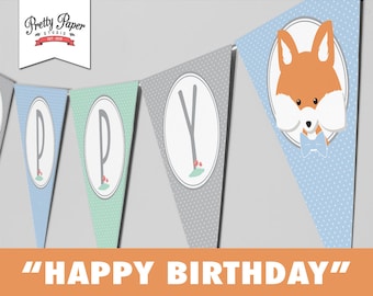 Happy Birthday Banner - Woodland // INSTANT DOWNLOAD // Mint, Blue, and Gray // Boy Party Bunting // Fox & Deer Decor // Printable BP01