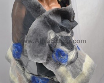 Felted Art scarf Wrap Shawl Wool Merino, Silk. Organic natural eco materials Gray and white shadow Nuno felting,