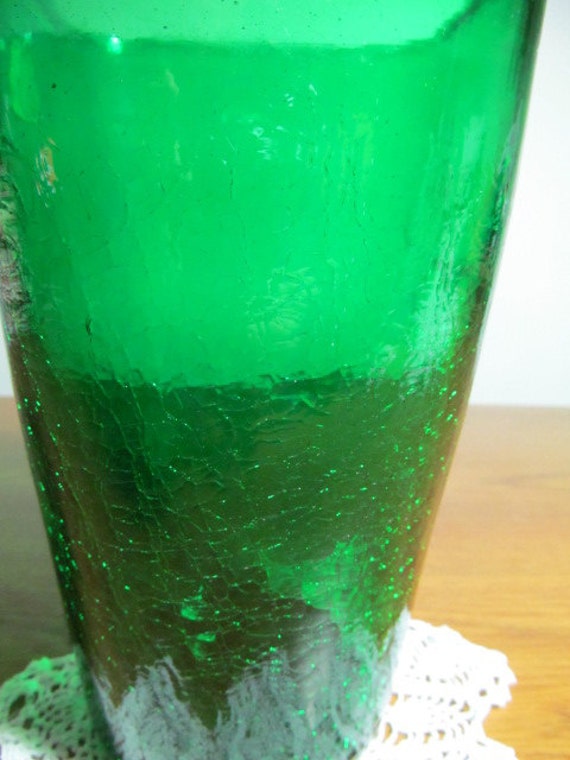 Square Vase Pilgrim Glass emerald green crackle Hand blown